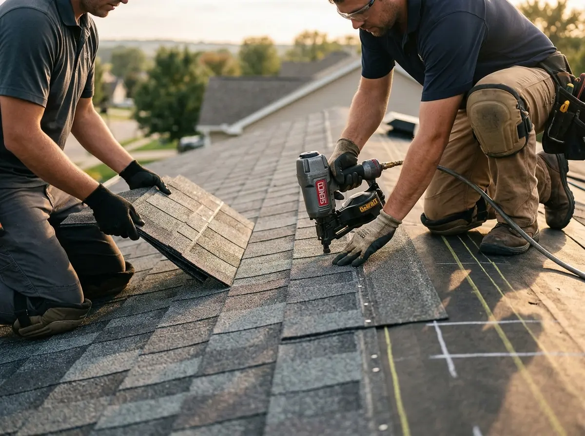 Professional roofer working on a residential roof in Prichard